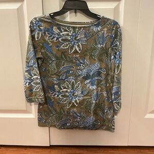 Talbots 3/4 Sleeve Tee, Olive Green Floral, Petite Small